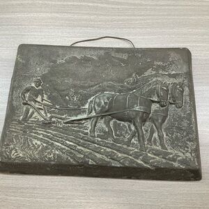 VINTAGE METAL 3D ART FARMER PLOWING FIELD WITH HORSES